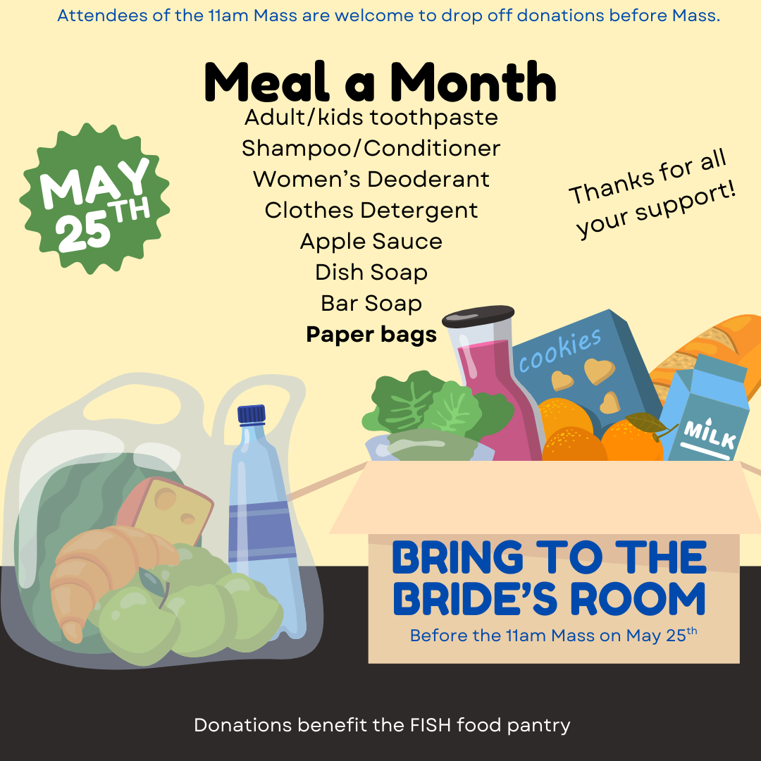 Flyer with donation details, bring items to the bride's room in the back of church on May 25 before 11am.